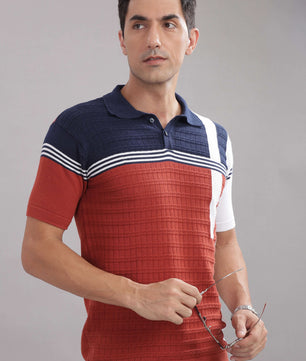 Outlaws men knitted polo t shirt red navy white front view