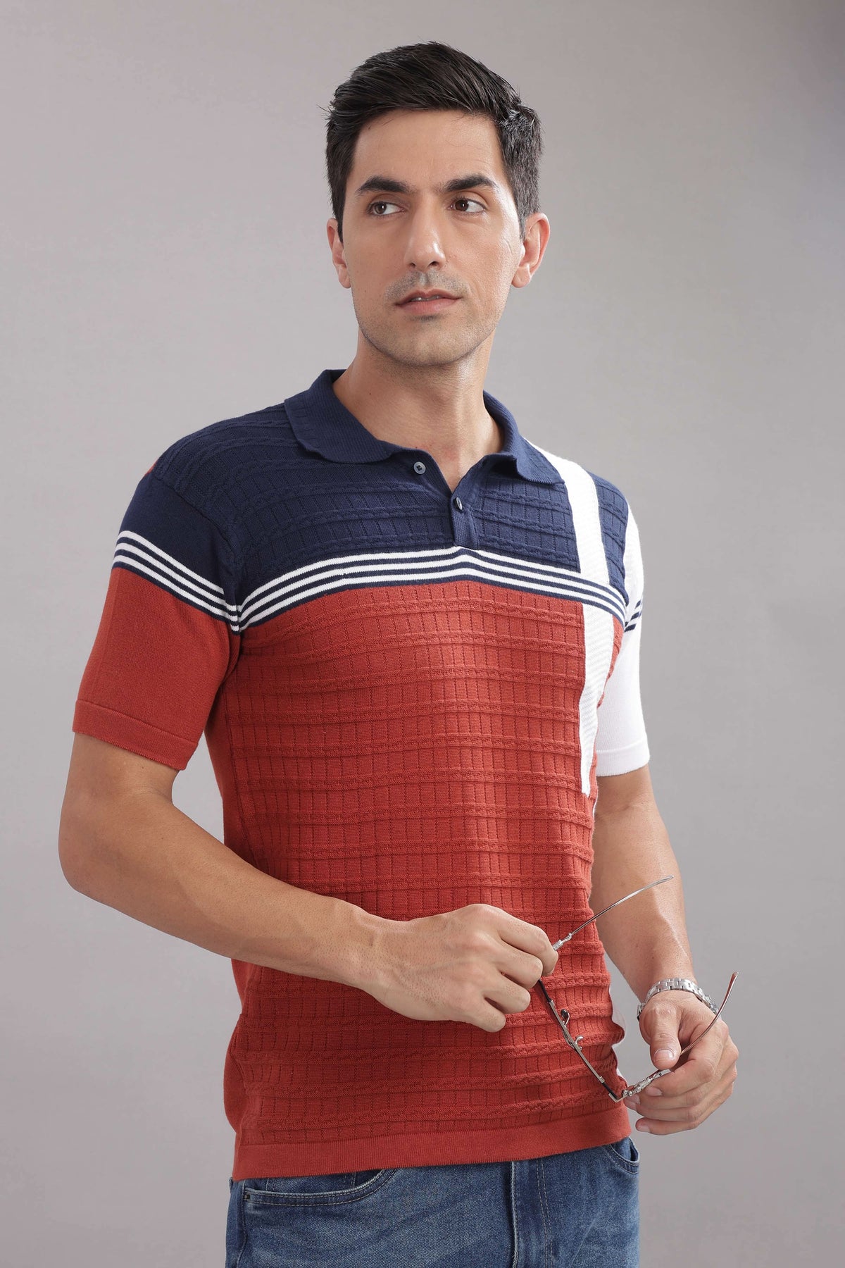 Outlaws men knitted polo t shirt red navy white front view