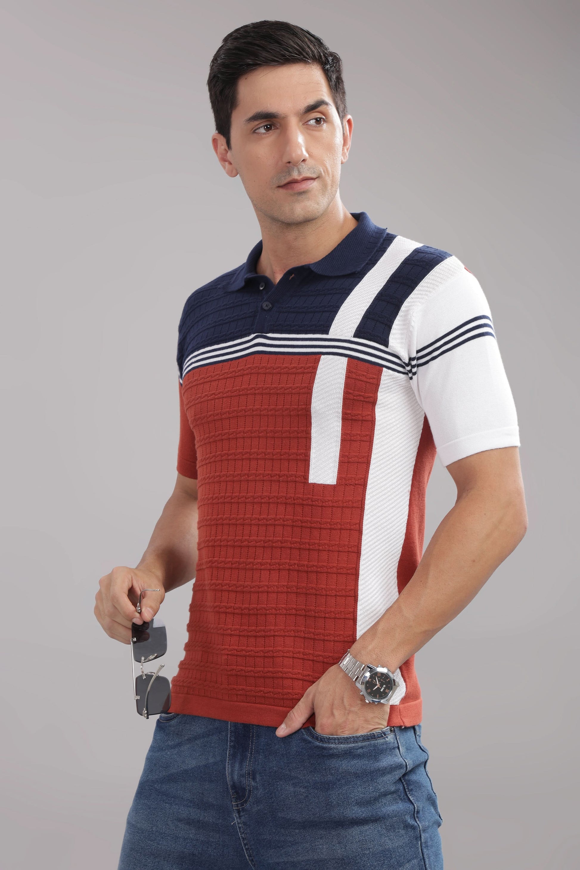 men knitted polo t shirt cotton textured slim fit
