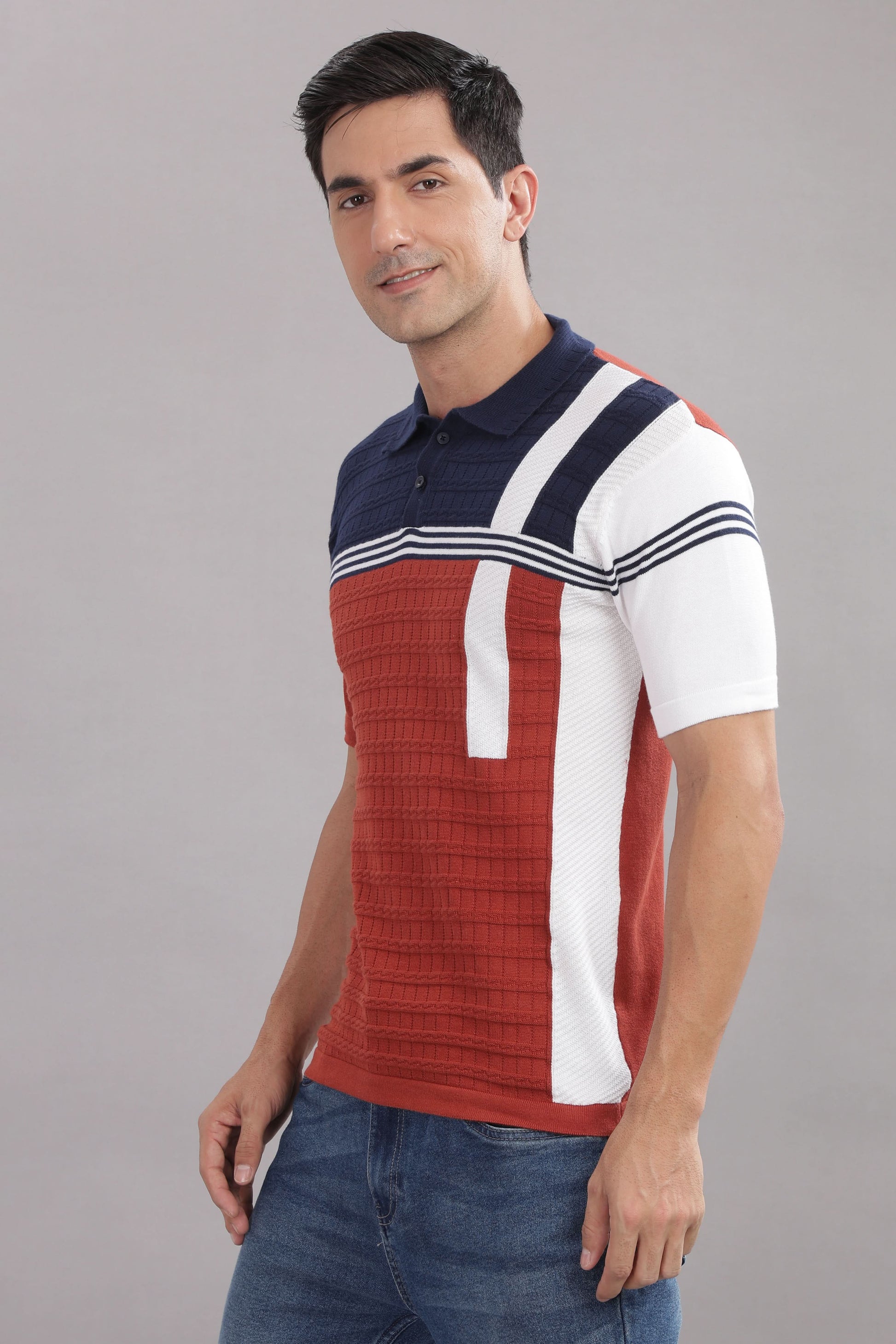 knitted polo t shirt for men red navy stripe design