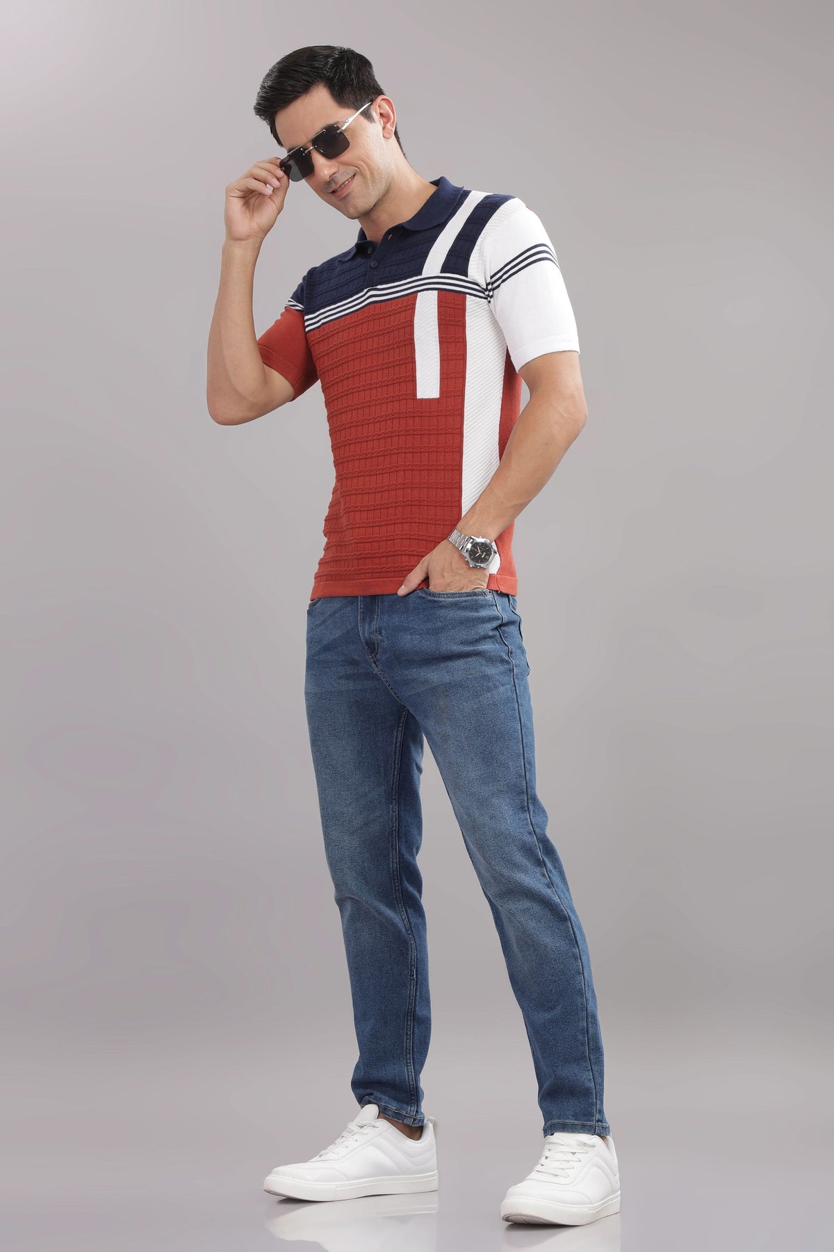cotton knit polo t shirt men slim fit textured design
