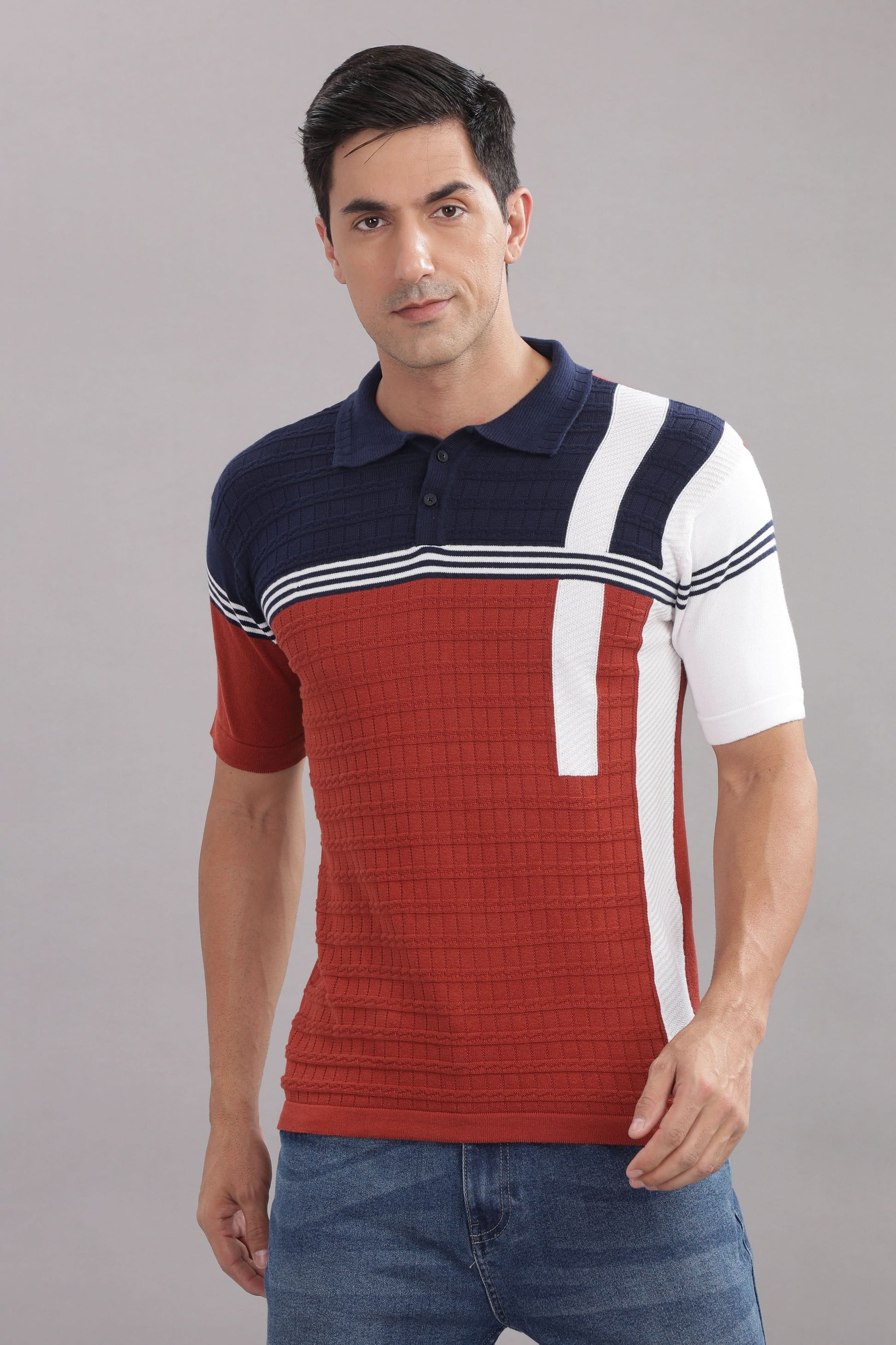 striped knitted polo t shirt for men red navy