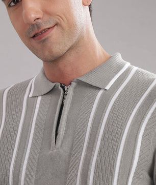 Outlaws Fashion premium grey striped cotton flat-knit T-shirt displayed flat with a crew neck and stylish striped pattern.