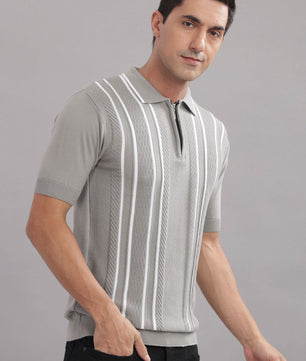 men knitted polo t shirt cotton slim fit grey vertical stripes