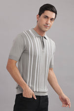 men knitted polo t shirt cotton slim fit grey vertical stripes
