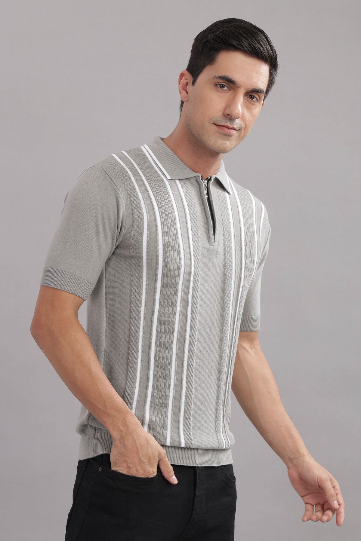 men knitted polo t shirt cotton slim fit grey vertical stripes