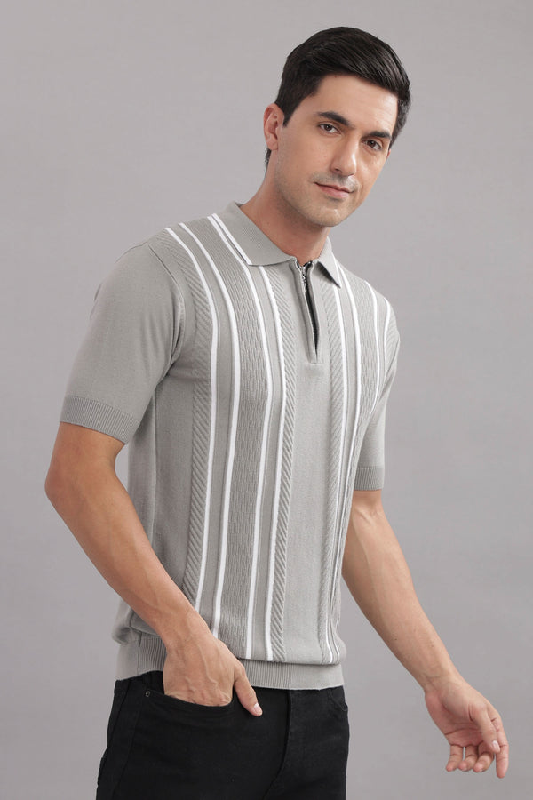 men knitted polo t shirt cotton slim fit grey vertical stripes