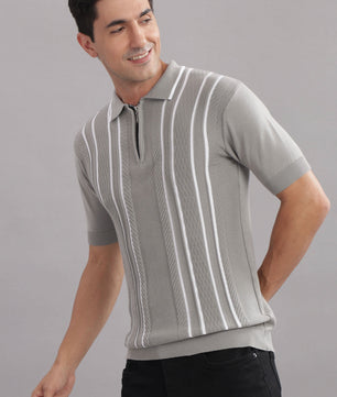 zip collar polo t shirt for men grey stripe design