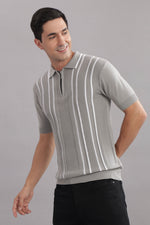 zip collar polo t shirt for men grey stripe design