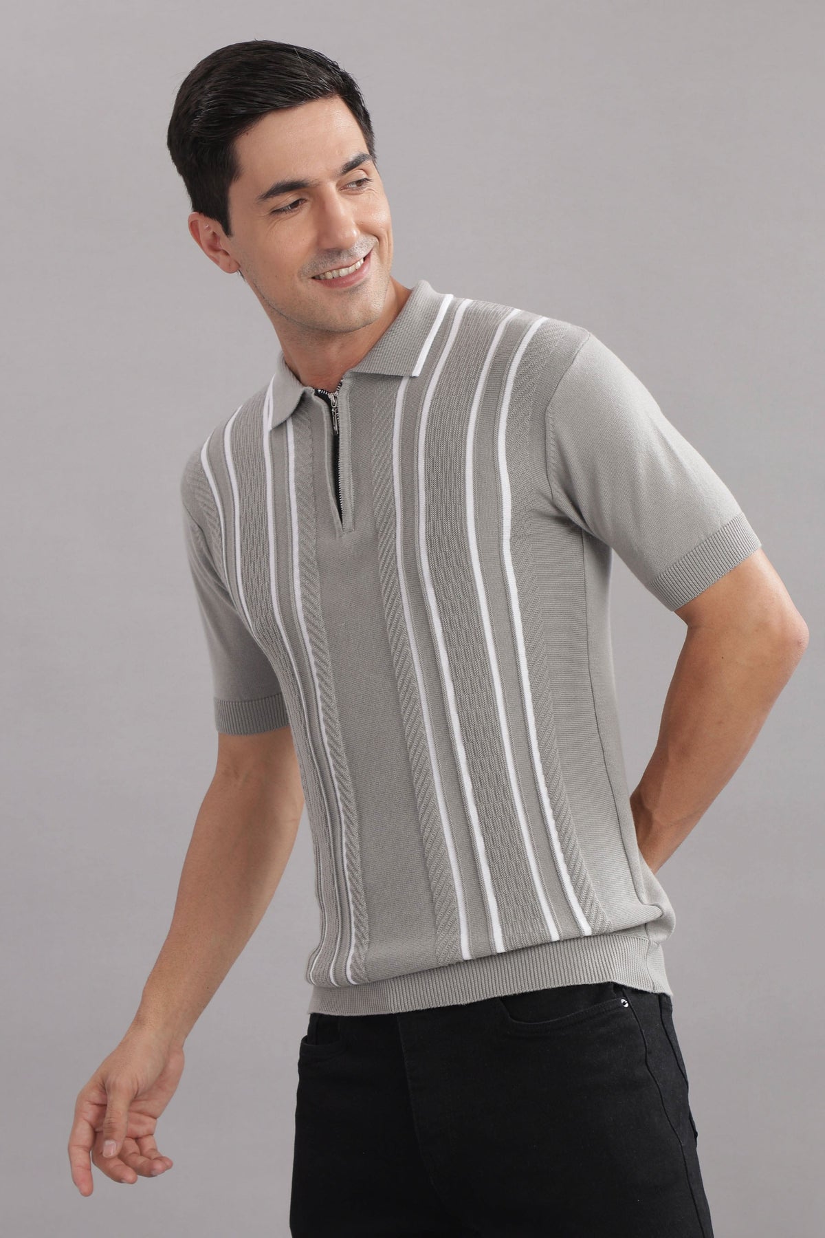 zip collar polo t shirt for men grey stripe design