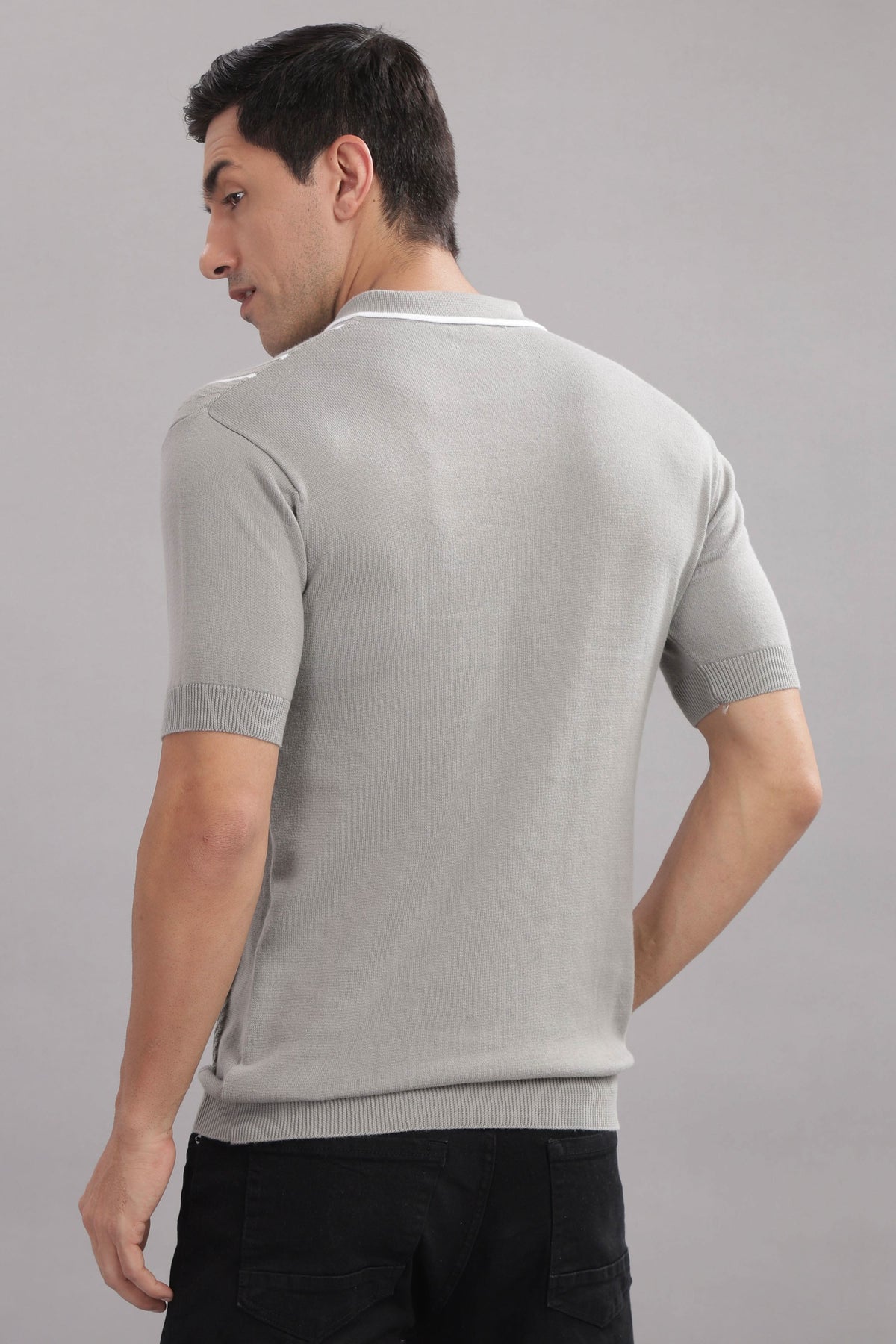 stylish men knitted polo t shirt textured grey pattern