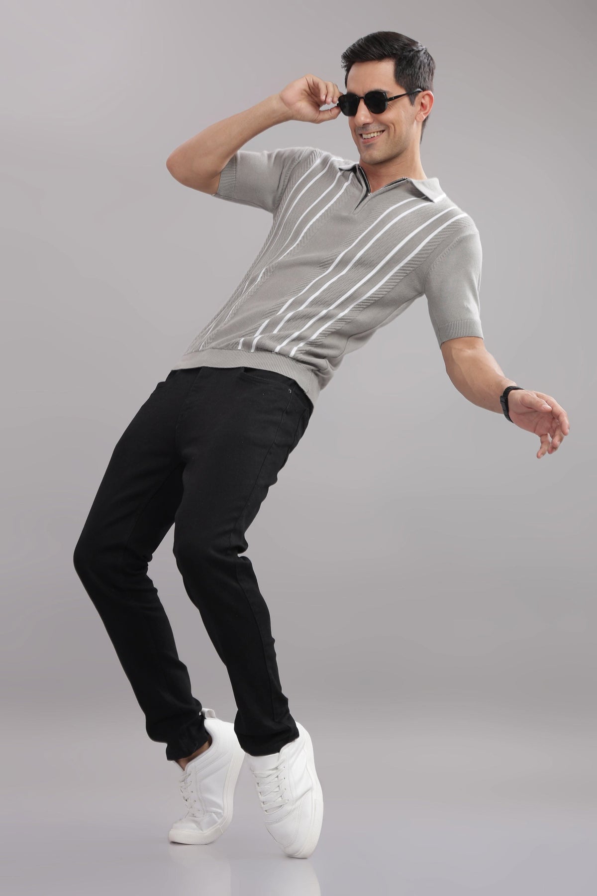 men casual knitted polo t shirt everyday wear grey