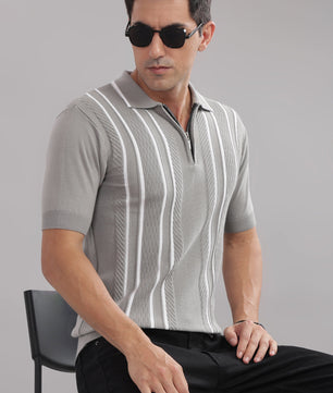 cotton knit polo t shirt men slim fit stripe pattern