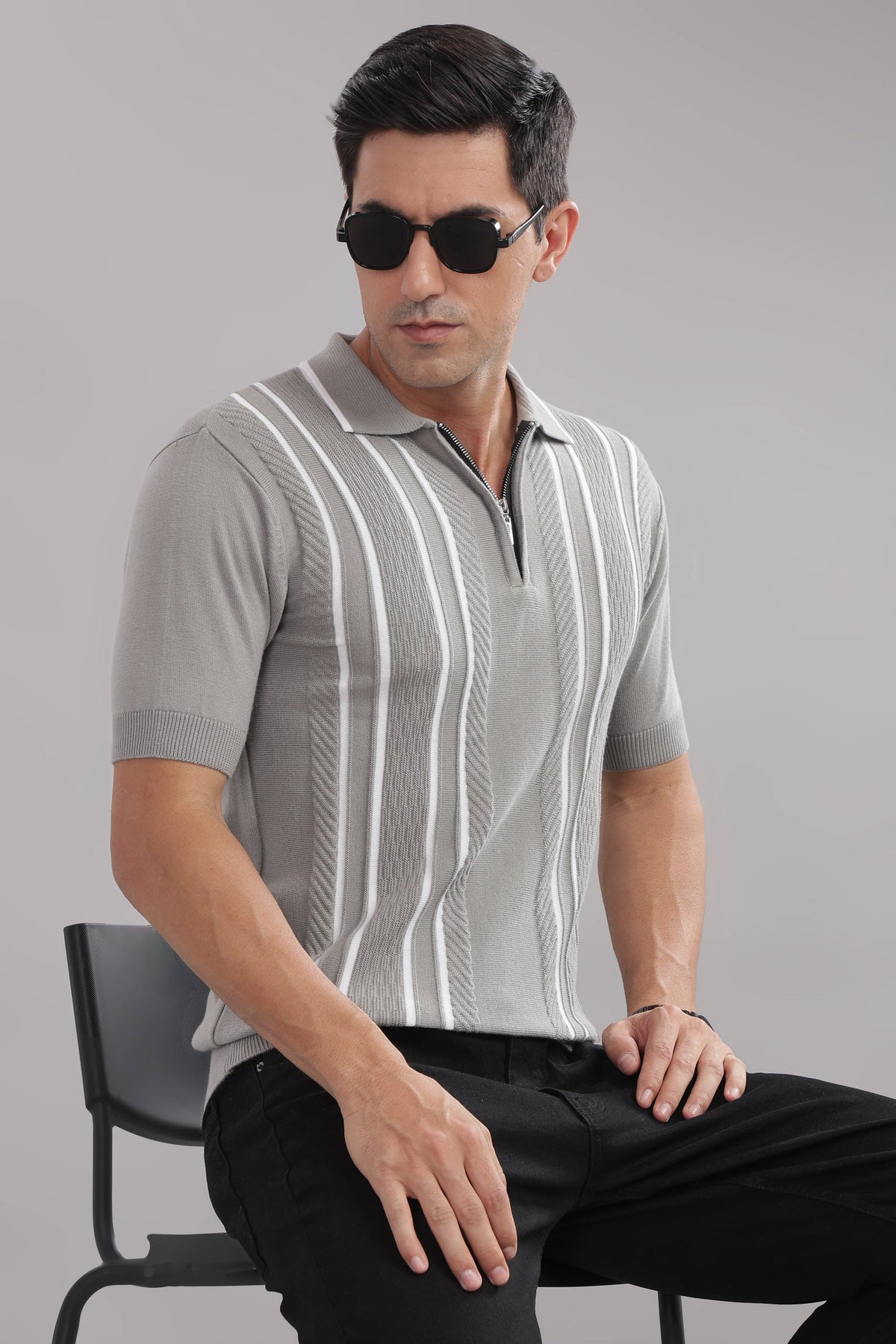 cotton knit polo t shirt men slim fit stripe pattern
