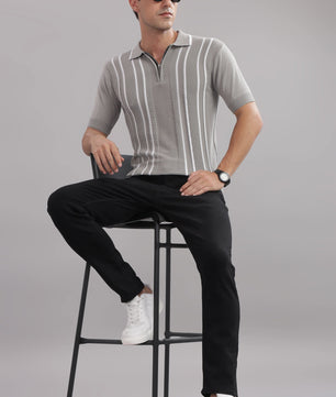 grey striped knitted polo t shirt for men zip collar