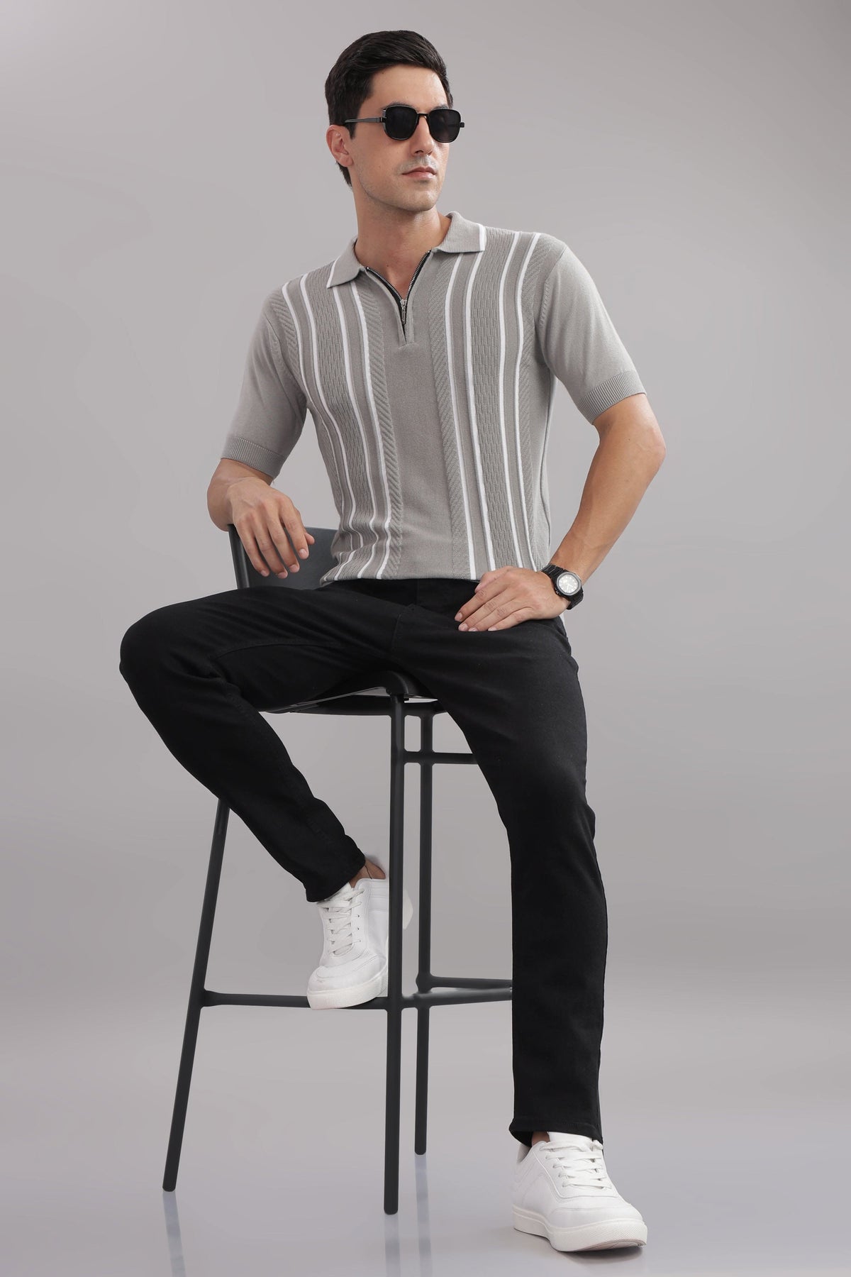grey striped knitted polo t shirt for men zip collar