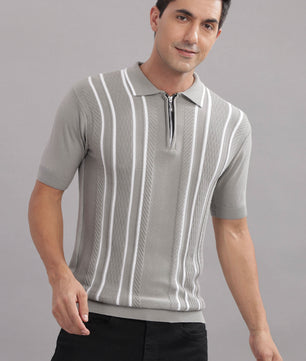 Outlaws men knitted polo t shirt grey zip collar stripe front
