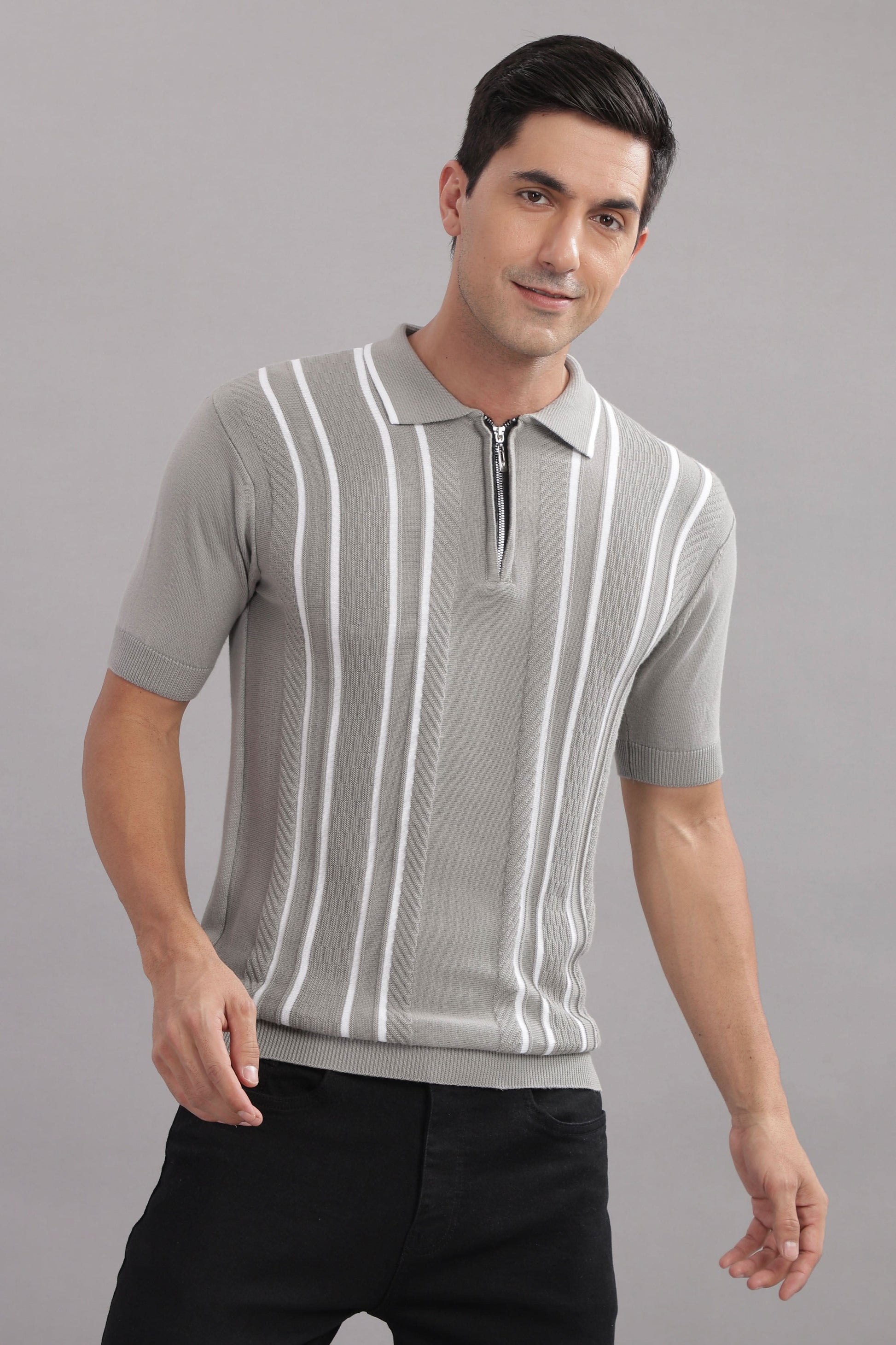 Outlaws men knitted polo t shirt grey zip collar stripe front