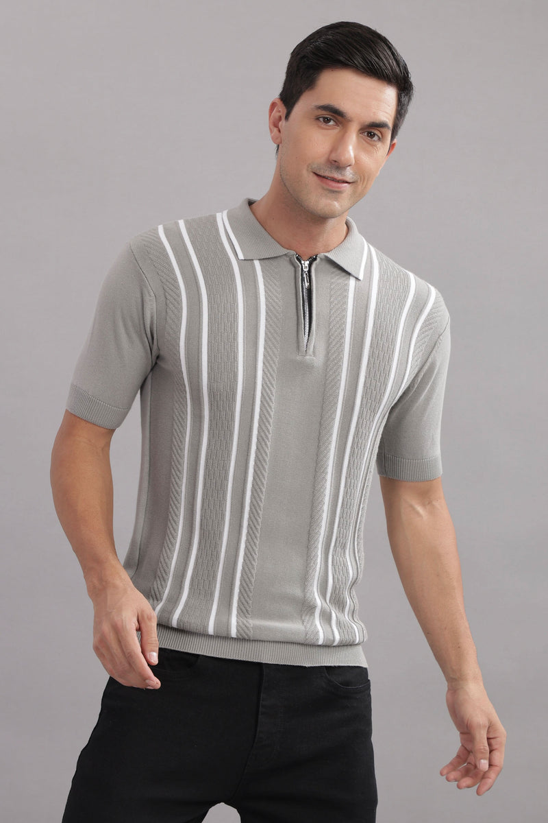 Outlaws men knitted polo t shirt grey zip collar stripe front