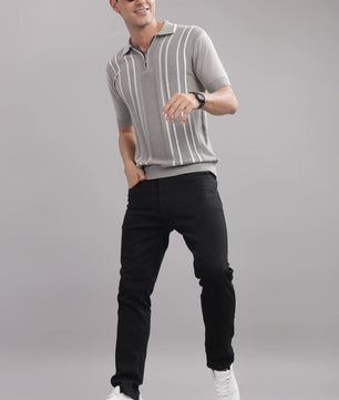 Outlaws Fashion premium grey cotton striped flat knit t-shirt with stylish design, casual fit and comfortable fabric.
