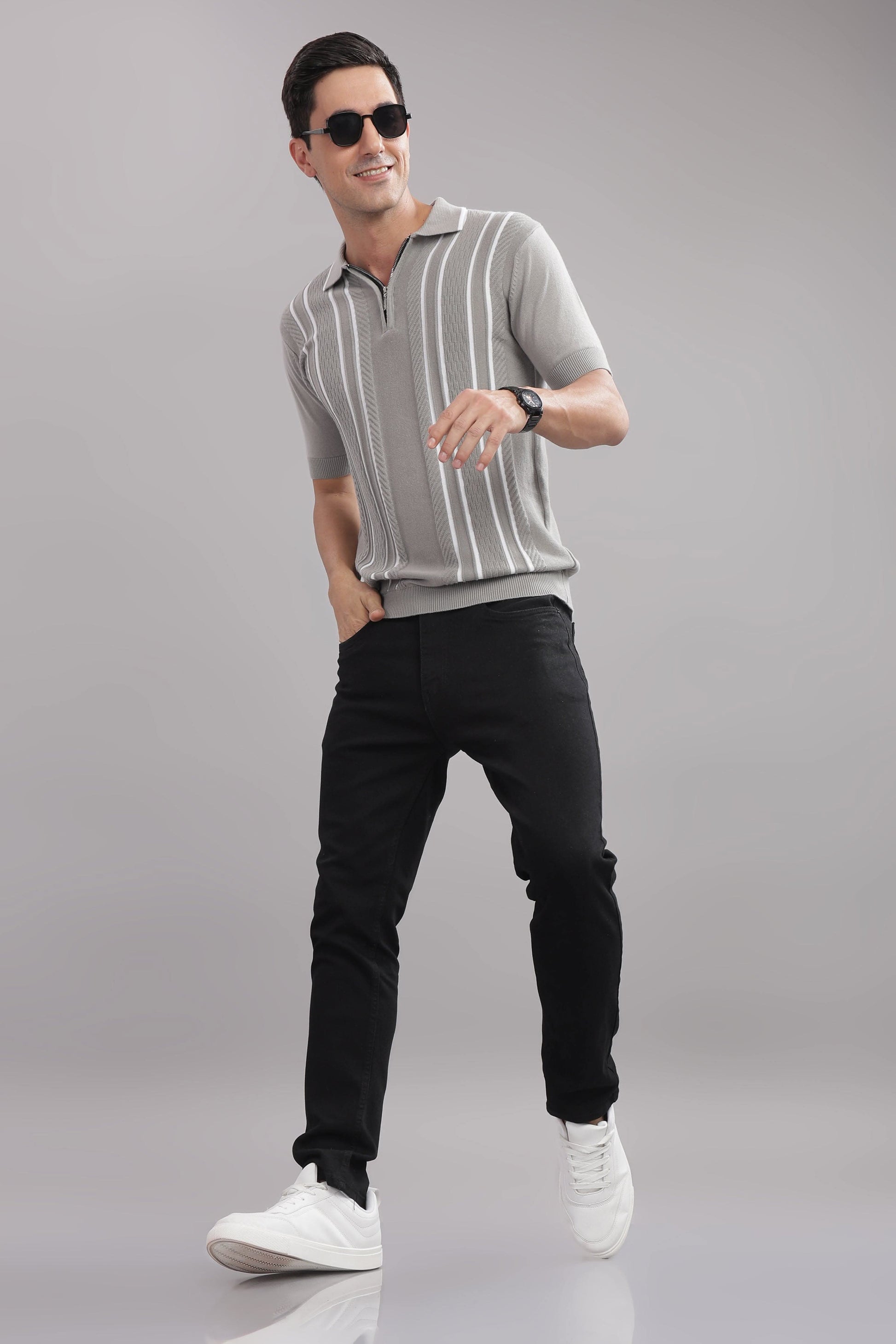 Outlaws Fashion premium grey cotton striped flat knit t-shirt with stylish design, casual fit and comfortable fabric.