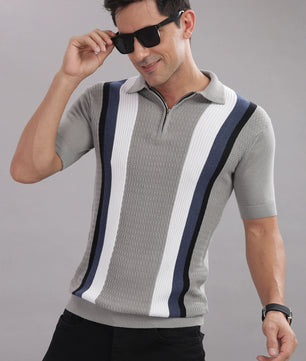 Outlaws Fashion premium cotton multi-color striped flat knit T-shirt with stylish design and comfortable fit.