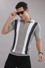 Outlaws Fashion premium cotton multi-color striped flat knit T-shirt with stylish design and comfortable fit.