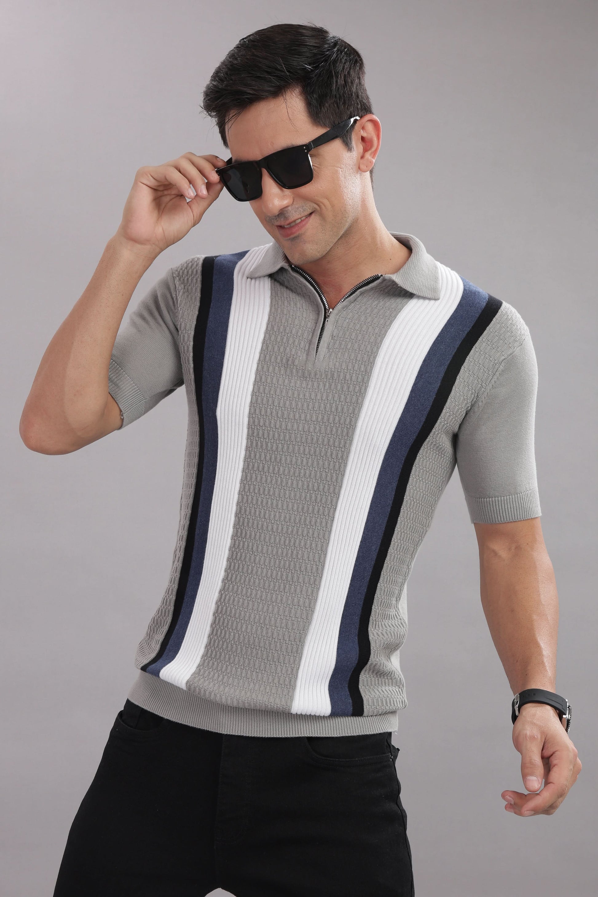 Outlaws Fashion premium cotton multi-color striped flat knit T-shirt with stylish design and comfortable fit.