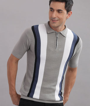 Multi-colored striped flat-knit cotton T-shirt by Outlaws Fashion, stylish casual wear with a comfortable fit and vibrant design.