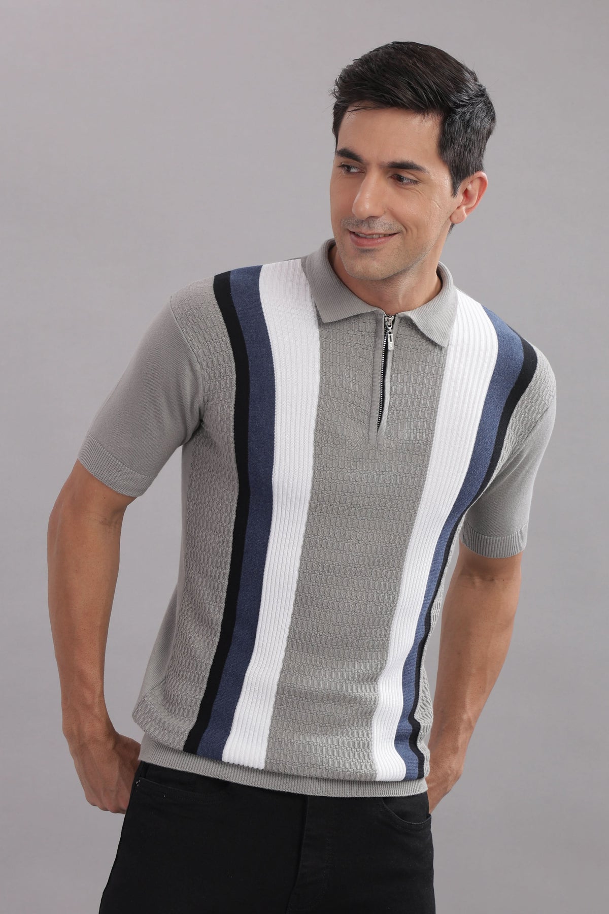 Multi-colored striped flat-knit cotton T-shirt by Outlaws Fashion, stylish casual wear with a comfortable fit and vibrant design.