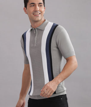 Multicolor striped flat knit T-shirt by Outlaws Fashion, premium cotton fabric, stylish casual wear with vibrant horizontal stripes.
