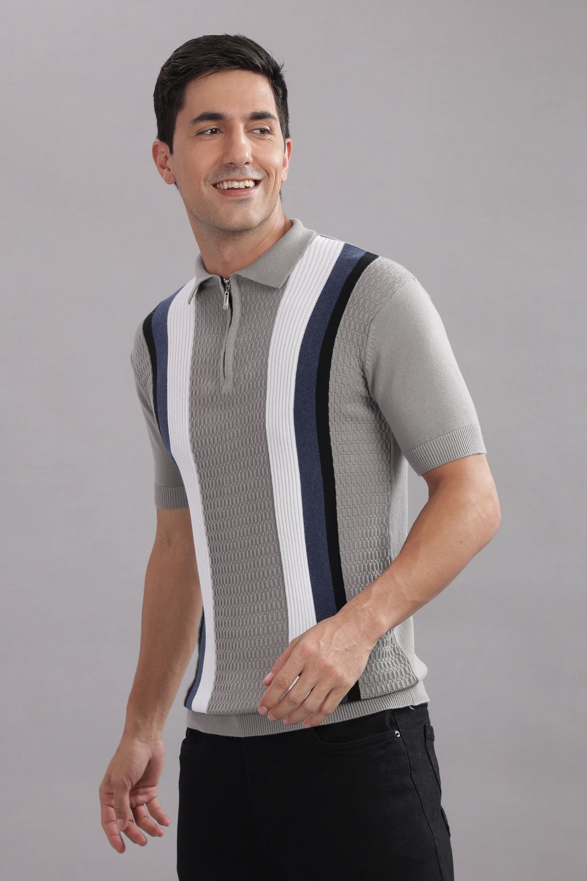 Multicolor striped flat knit T-shirt by Outlaws Fashion, premium cotton fabric, stylish casual wear with vibrant horizontal stripes.