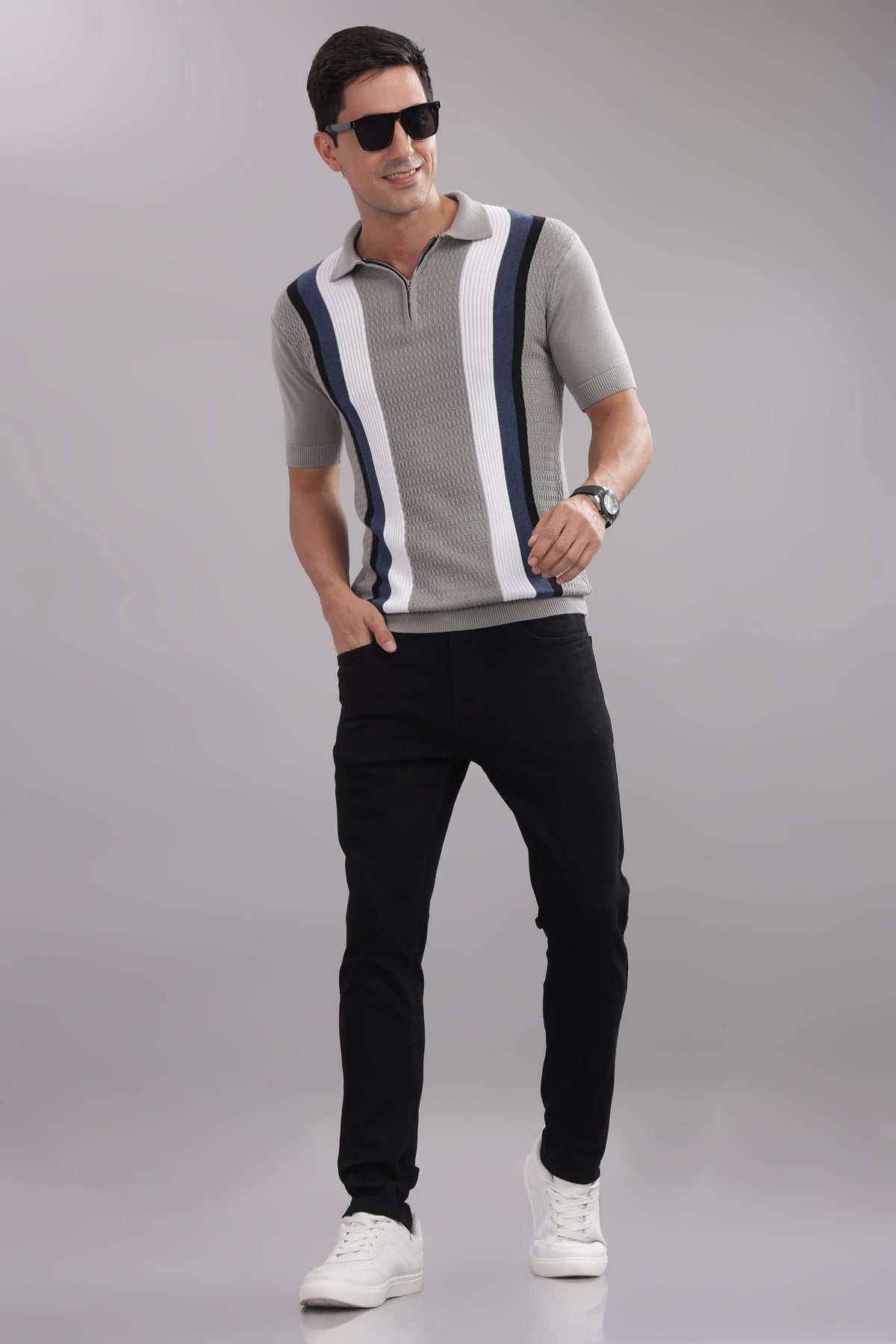 Outlaws Fashion premium cotton striped flat knit T-shirt with multi-color horizontal stripes, casual and stylish for everyday wear.