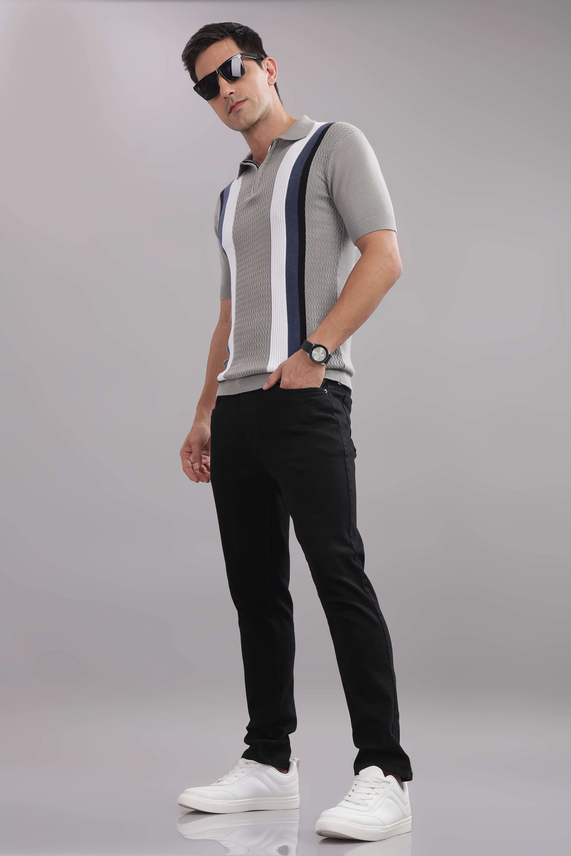 Outlaws Fashion premium cotton multicolor striped flat knit T-shirt with stylish design and vibrant color pattern.