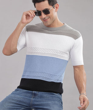 Outlaws men knitted t shirt white blue black colorblock