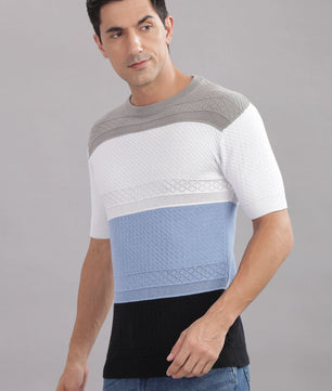 Multicolor striped flat knit cotton T-shirt by Outlaws Fashion, stylish casual wear with vibrant horizontal stripes.