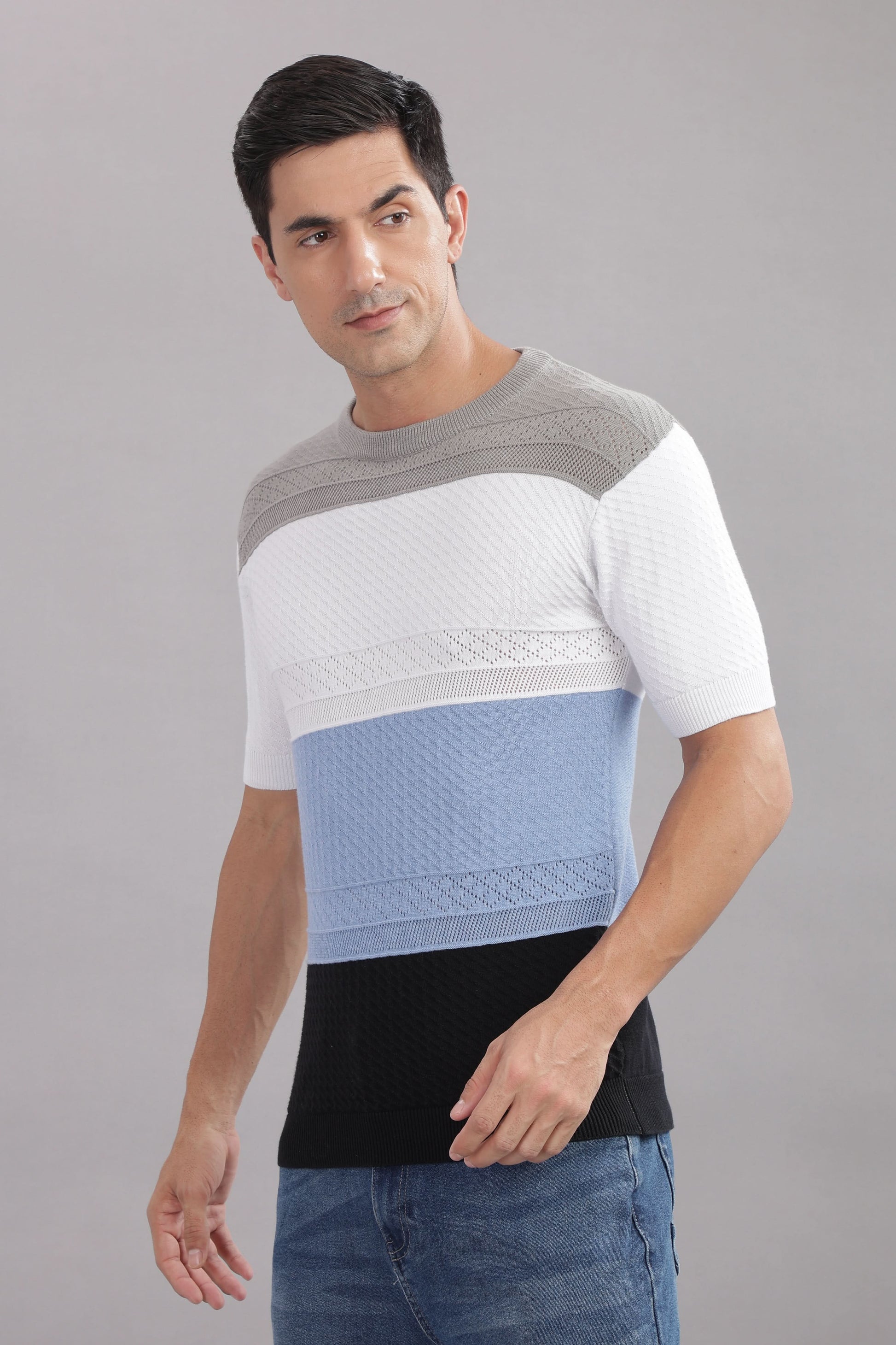 Multicolor striped flat knit cotton T-shirt by Outlaws Fashion, stylish casual wear with vibrant horizontal stripes.