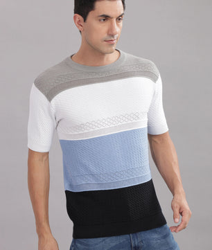 Stylish multi-colour striped flat-knit cotton t-shirt from Outlaws Fashion, featuring a casual fit and vibrant pattern.