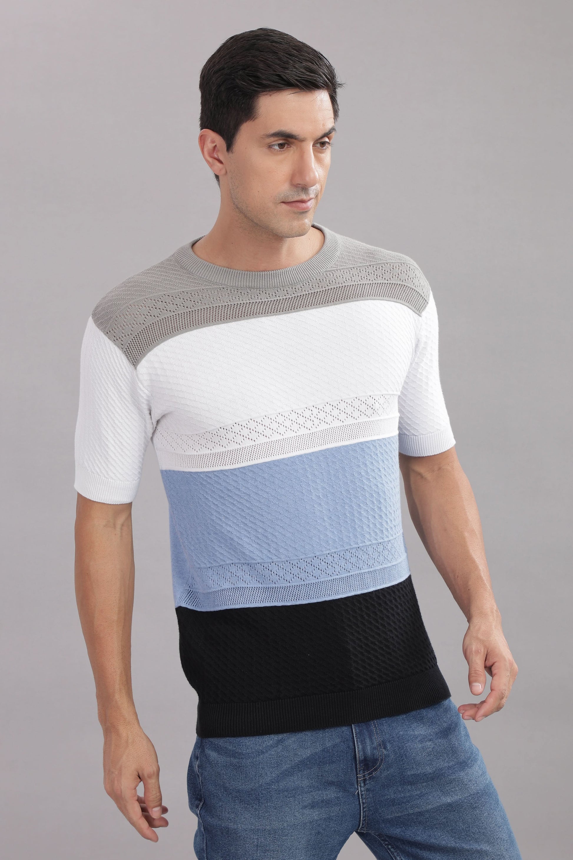 Stylish multi-colour striped flat-knit cotton t-shirt from Outlaws Fashion, featuring a casual fit and vibrant pattern.