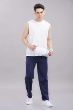 outlaws navy blue track pants close up fabric detail