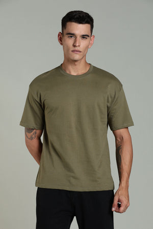 Outlaws Men’s Oversized T Shirt – Cotton Solid Relaxed Fit Olive Green