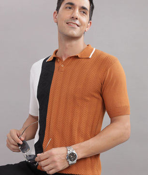 men casual polo t shirt rust colorblock design