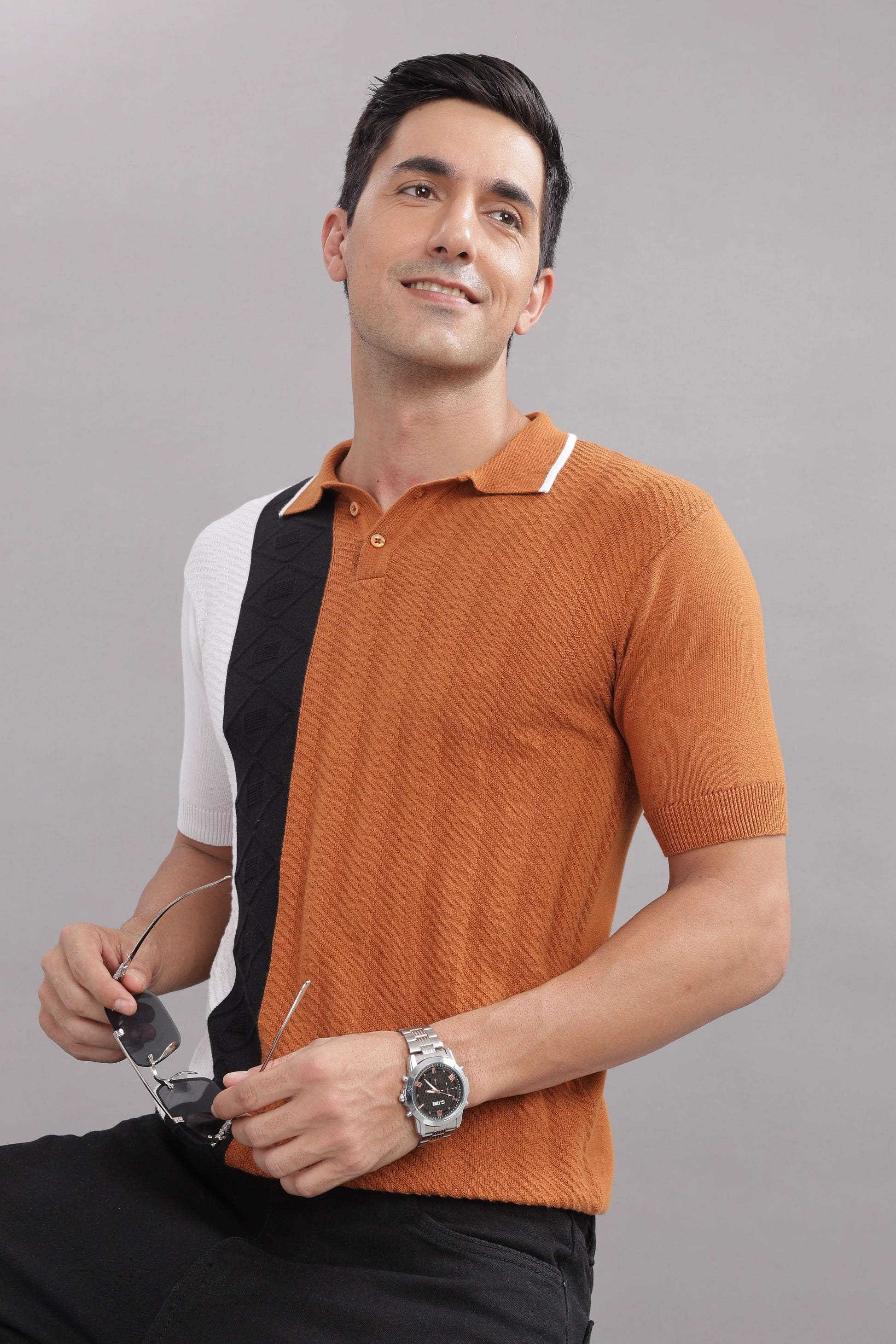 men casual polo t shirt rust colorblock design