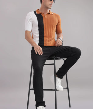 Men's cotton colour-block polo T-shirt in rust, black, and white by Outlaws Fashion, featuring a classic knitted design.