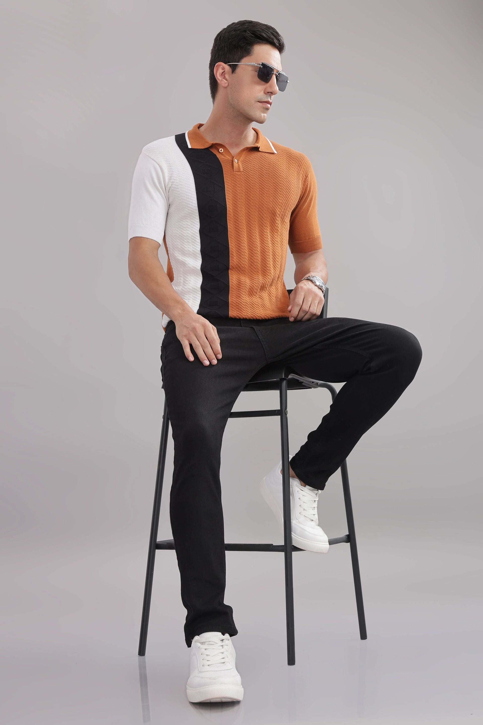 Men's cotton colour-block polo T-shirt in rust, black, and white by Outlaws Fashion, featuring a classic knitted design.