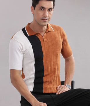 Men’s cotton colour-block knitted polo shirt in rust, black, and white by Outlaws Fashion, showing front view and collar detail.