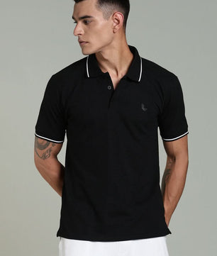 Outlaws men polo t shirt black solid front view