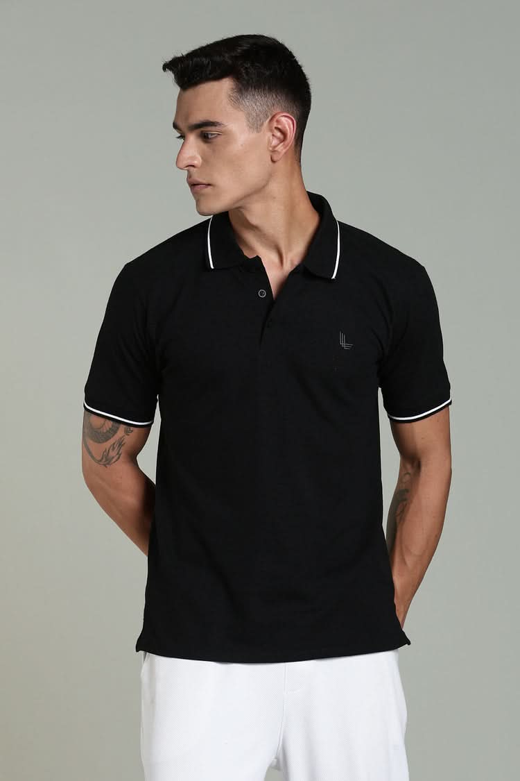 Outlaws men polo t shirt black solid front view