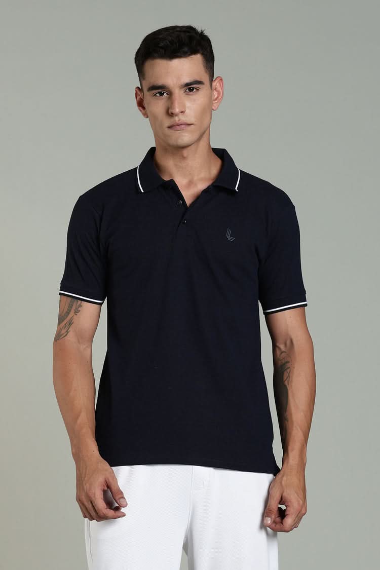 Outlaws men polo t shirt navy blue solid front view