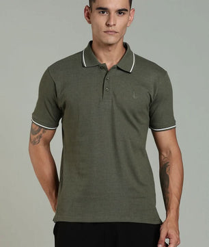 Outlaws men polo t shirt olive green solid front view